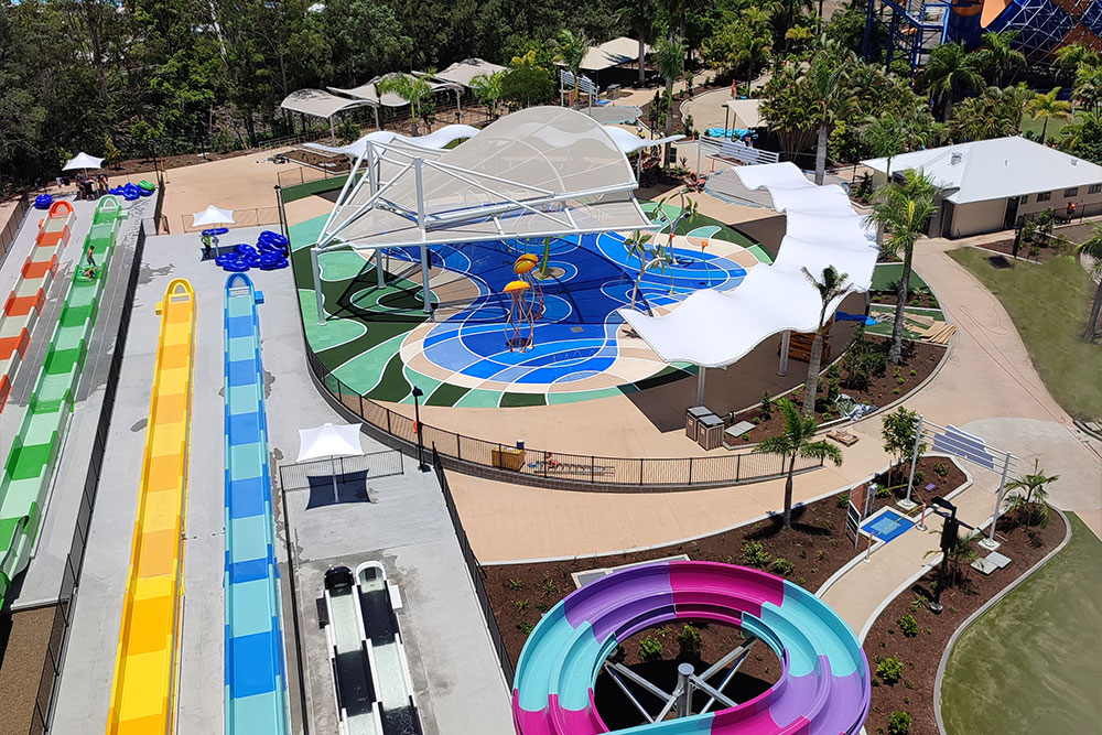 Stretched mesh fabric provides shade at waterpark