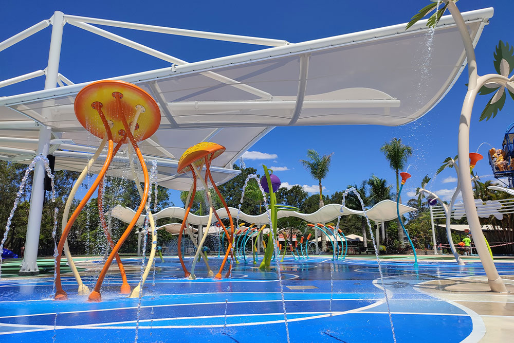 Frontside View 381 mesh fabric used for sun protection at aqua theme park