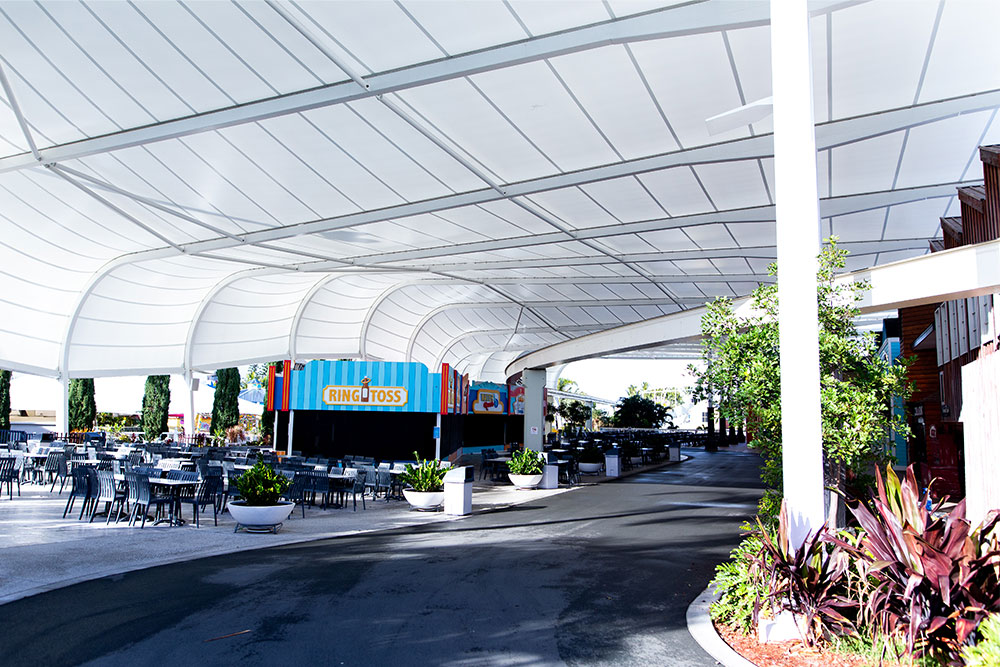 Serge Ferrari’s Frontside View 381 fabric offers shade and sun protection at water theme park in Australia