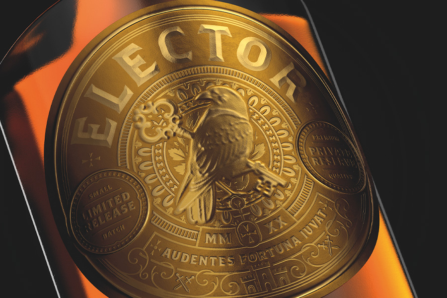 Foil embellishment on whisky bottle label