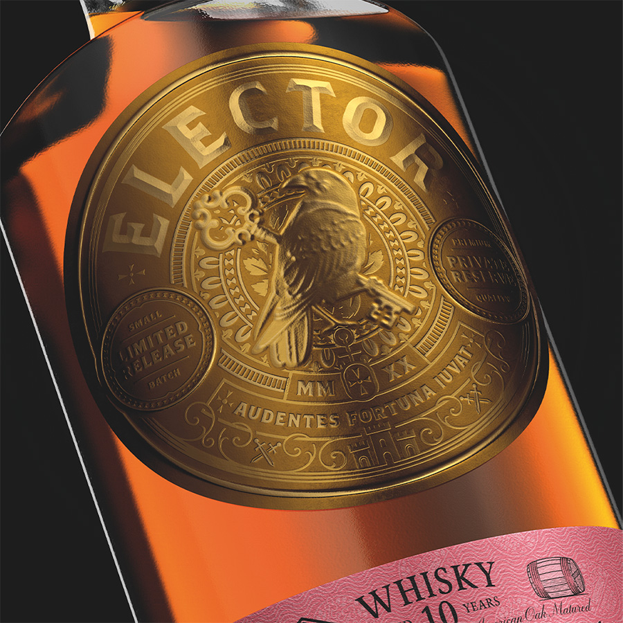 Foil embellishment on whisky bottle