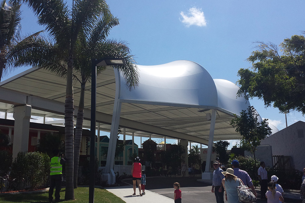 Stretched mesh fabric provides shade at waterpark
