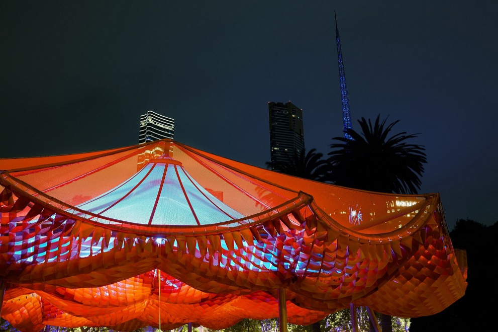 Light shines through the Mpavilion due to its transparent STFE membrane from Serge Ferrari